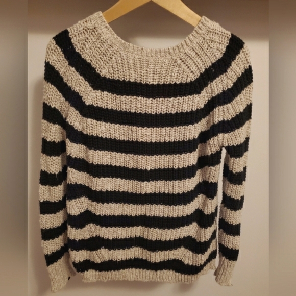 Maje long sleeves knit sweater. Zipper on wrists. Striped. Black and beige. M. - Picture 2 of 9